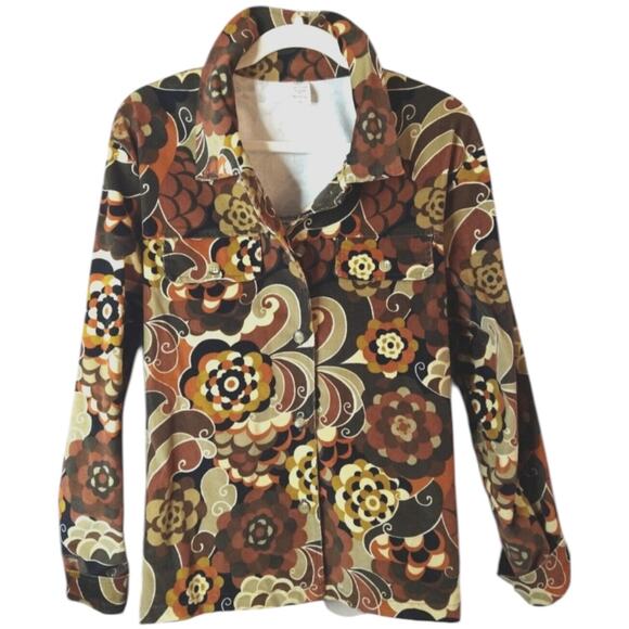 Ribbons & Spice Retro Floral Corduroy Jacket (Shacket) Women’s XL Brown Yellow - Picture 1 of 7